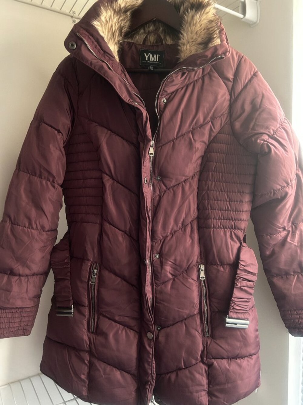 YMI Collection Women's Burgundy Faux Fur Hooded Puffer Coat Size L